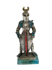vecchia STATUINA CAVALIERE ARMATURA LAMINATO ARGENTO base in vetro miniatura