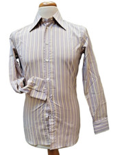 Camicia Vintage Uomo Riga Viola Tg XS - S Gialla Misto Cotone No Stiro M. Lunga