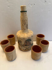 VINTAGE SARDEGNA Italia, bottiglia in terracotta ricoperta di sughero + 6 tazze, dipinta a mano