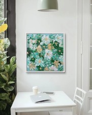 Quadro Dipinto A Mano Moderno Astratto Verde Beige Floreale Fiori