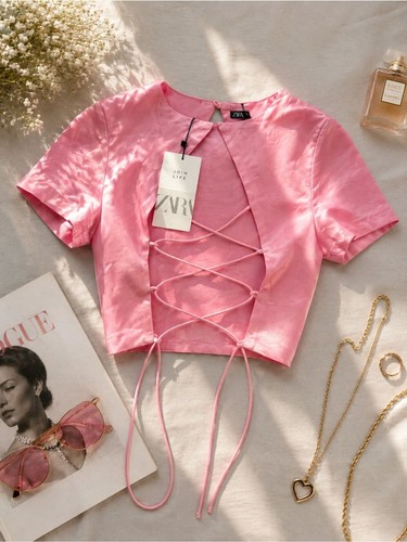 Crop top rosa con - , lacci