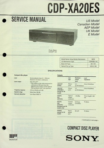 Service manual sony - manual, cdp-xa20es
