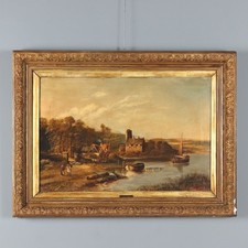 Paesaggio Fluviale con Barche Olio su Tela Dipinto Antico Olanda XIX Secolo