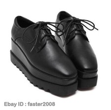 Women Fashion High Platform Wedge Lace Up Round Toe Oxford Creeper Shoes