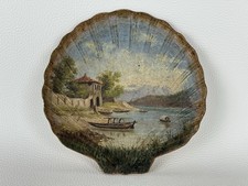 Antico Dipinto “Veduta Lariana” Miniatura Su Conchiglia In Cartapesta XIX Sec.