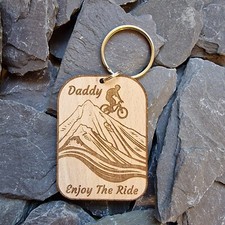PERSONALISED HANDMADE MTB WOODEN KEYRING - MOUNTAIN BIKE ACCESSORY DADDY DAD