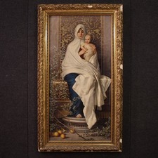 Madonna dell'olivo col bambino antico dipinto religioso quadro olio tela XIX
