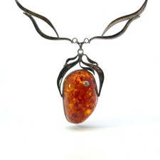 Antico Argento Sterling Grande Naturale Ambra Baltica Ciondolo Collana