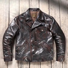 Giacca Motociclista Uomo Stile Vintage Tea Core Pelle di Cavallo Invecchiata