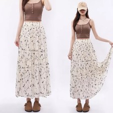 Gonna Lunga Beige A Pieghe Con Fiori Neri Vita Alta Leggera Estiva CF41806