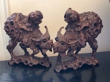 ✅ DUE ANTICHE STATUE ORIENTALI DI BUFALI  LEGNO INTAGLIATO - 3093