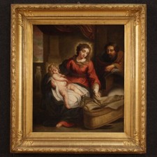 Dipinto sacra famiglia ad olio su tela quadro religioso antico XVIII secolo 700