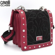 €239 Roberto Cavalli CLASS borsa tracolla mini nero rosso con ricami Outlet NEW