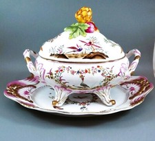 Antico Grande Continental Porcellana Zuppiera con Coperchio E Supporto