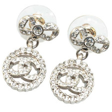 CHANEL CC Logos Rhinestone Bow Ribbon Stud Earrings Silver Tone A22B Auth w/Box