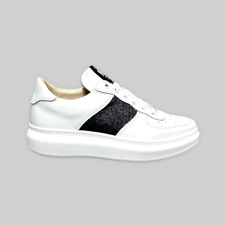 Sneakers ML Donna Leather Shoes Bianco con striscia glitter nero Vera pelle