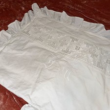 Antique White Ruffled Fret Work Lace Pillows Shams Monogrammed HM Country Cottag