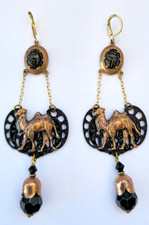 Vintage Art Deco Egyptian Revival Drop Earring With Glass Scarabs
