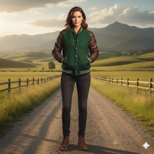 Giacca Varsity verde e marrone | Bomber in lana unisex | Maniche in vera pelle Letterman