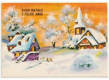 cartolina vintage auguri di Buon Natale paese innevato case chiesa