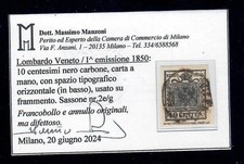 1850 LOMBARDO VENETO 10 CENTESIMI CON SPAZIO TIPOGRAFICO CERTIFICATO MANZONI