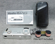 Minolta-16 MG Mini fotocamera pellicola 16mm con custodia funziona ottime condizioni Giappone