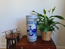 Antico portaombrelli/bastone blu e bianco canne essiccate vaso crepitio smaltato raro 