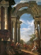 Dipinto olio Giovanni-Paolo-Pannini-Rovine-di-un-Tempio-con-un-Apostolo-Predicazione