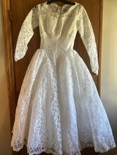 Abito da sposa completo pizzo bianco lunghezza tè vintage anni 60 manica lunga su misura