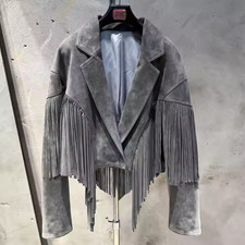 Giacca donna frange pelle scamosciata western boho crop cowgirl festival coat jack