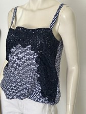 Trussardi Jeans Top Camicia 100% Seta Pizzo Bordo Blu Navy Geometrico Taglia ...