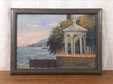 Opera d'arte paesaggio costiero con gazebo classico in riva al mare, olio originale,