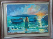 dipinto olio su tela 70x50  Tramonto sul Mare autore inserzionista.