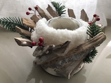 VASO/PORTACANDELA NATALIZIO IN VETRO E LEGNO H. 12 cm CIRCA DIAMETRO 15-20 cm