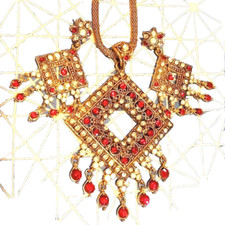 Appariscente PARURE oro rubini diamanti americani SET ORECCHINI e COLLANA etnica