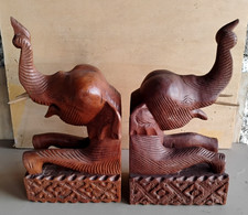 COPPIA ELEFANTI PORTAFORTUNA FERMA LIBRI IN LEGNO TEAK SCOLPITO