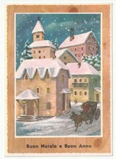 Non Viaggiata cartolina Buon Natale e Anno Nuovo carrozza cavallo paese innevato