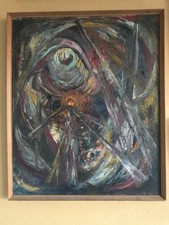 Quadro olio su tela scena sotterranea astratta incorniciato metà secolo XX secolo