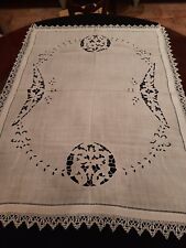 Antica biancheria centro striscia tovaglia lino ricamo a mano cm95x73 punta tomb