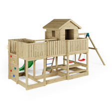 Casetta parco giochi in legno Fungoo Longstepper con scivolo, due altalene, tavo