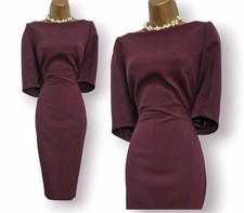 Abito Karen Millen melanzana manica a sbuffo sartoriale balze a matita occasione UK 12 