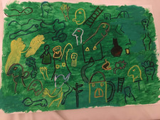 QUADRO DIPINTO A MANO ACRILICO SU CARTA - "FIGURE FOLLI SU VERDE" 33 x 48 cm