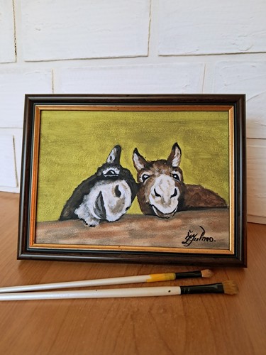 Asino duo dipinto olio - asino, 5x7