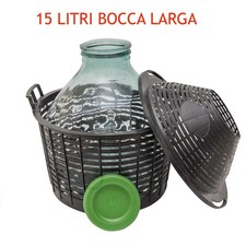 Damigiana lt. 15 Bocca Larga con Tappo e Cesto Per Vino Olio Prodotti Enologia