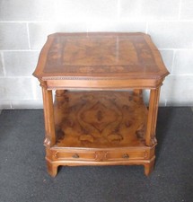 Tavolo legno intarsiato artigianato Cantù due piani con cassetti vintage anni 60