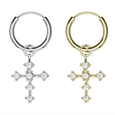 Singolo Orecchino in Acciaio a Cerchio Pendente Croce con Zircone Uomo Donna