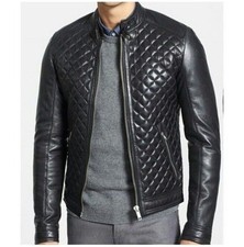 Giacca imbottita trapuntata in vera pelle di agnello da uomo motociclista...