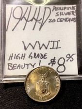 Argento Filippine 1944 D! 20 centesimi! Seconda guerra mondiale! Bellezza di alta qualità! Monete ENN