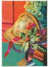 1968 Natale foto cartolina vintage mappamondo libri decorazione agrifoglio
