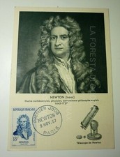 CARTOLINA MAXIMUM CARD NEWTON SCIENZA ASTRONOMIA SPAZIO TELESCOPIO 1957 FRANCIA